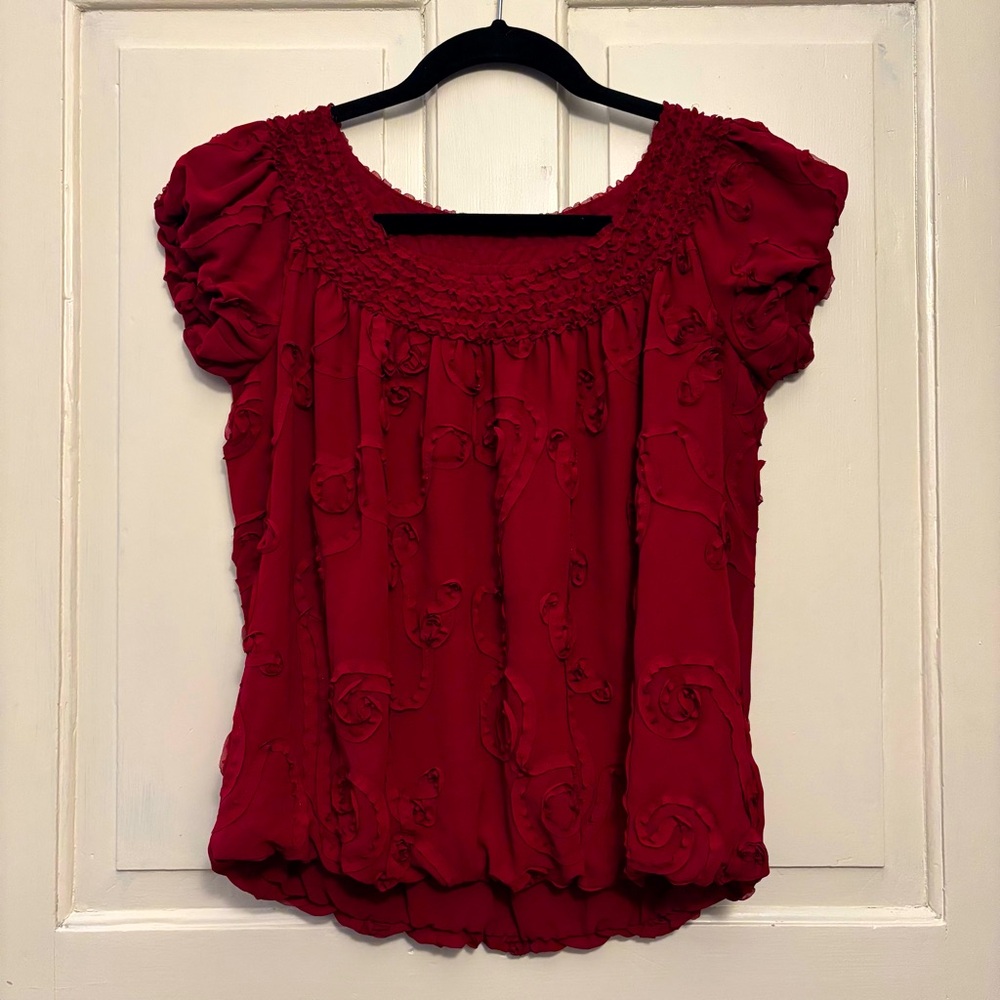 Max Edition Soutache Rosette Puff Sleeve Red Bubble Top, size XS